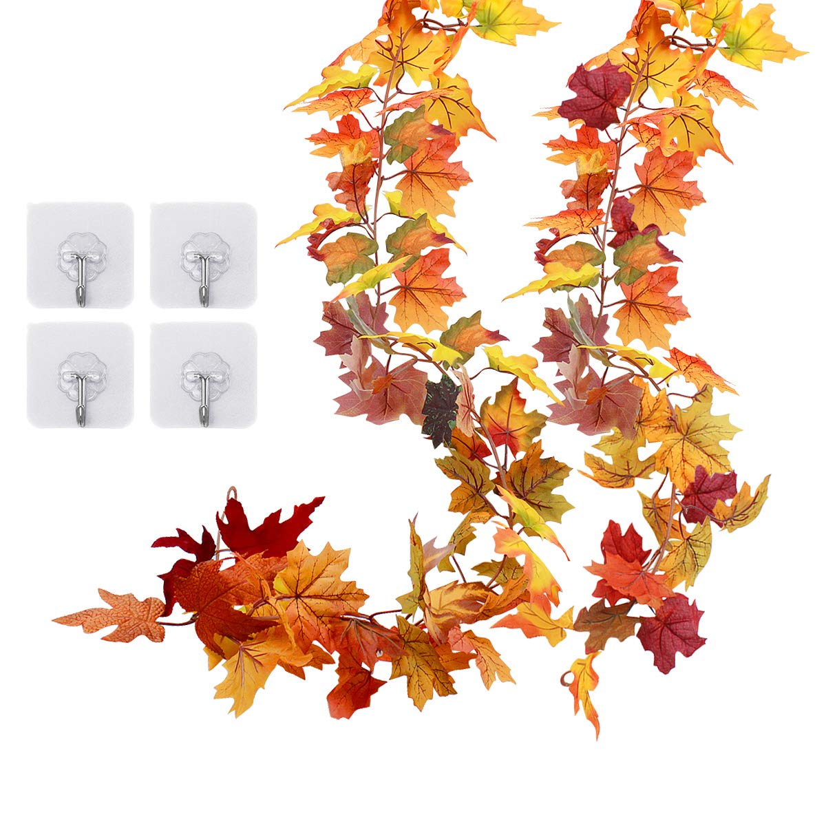 2 Pack Artificial Maple Leaf Garlands Autumn Leaves Decorations 5.9ft Hanging Fall Garland Leave Vines Plants for Indoor Outdoor Wedding Party Home Fireplace Thanksgiving Christmas Decor with Hooks