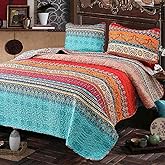 Nanko Quilt Set Queen Full Size 3 Pcs, Boho Red & Blue Colorful Vintage Striped Bedspreads, Soft Lightweight Coverlet Bed Spreads, Bohemian Thin Quilted Comforter Bedding Sets for Women Men, 90 x 90