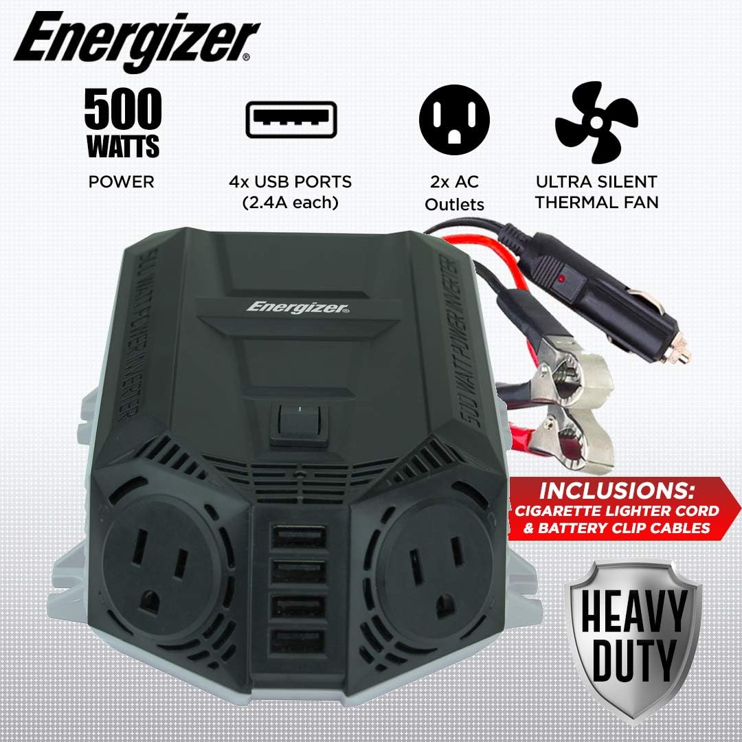 Energizer 500 Watts Power Inverter w/ 48 Watts USB Ports, Modified Sine Wave Car Inverter, DC to AC Converter with Dual 110 Volts AC Outlets and 4 USB Ports 2.4A ea - METLab Approved Under UL Std 458: Car Electronics