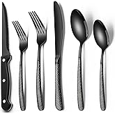 EWFEN 24-Piece Black Silverware Set with Steak Knives, Black Flatware Set for 4, Food-Grade Stainless Steel Tableware Cutlery Set, Mirror Finished Utensil Sets for Home Restaurant, Round Hammered