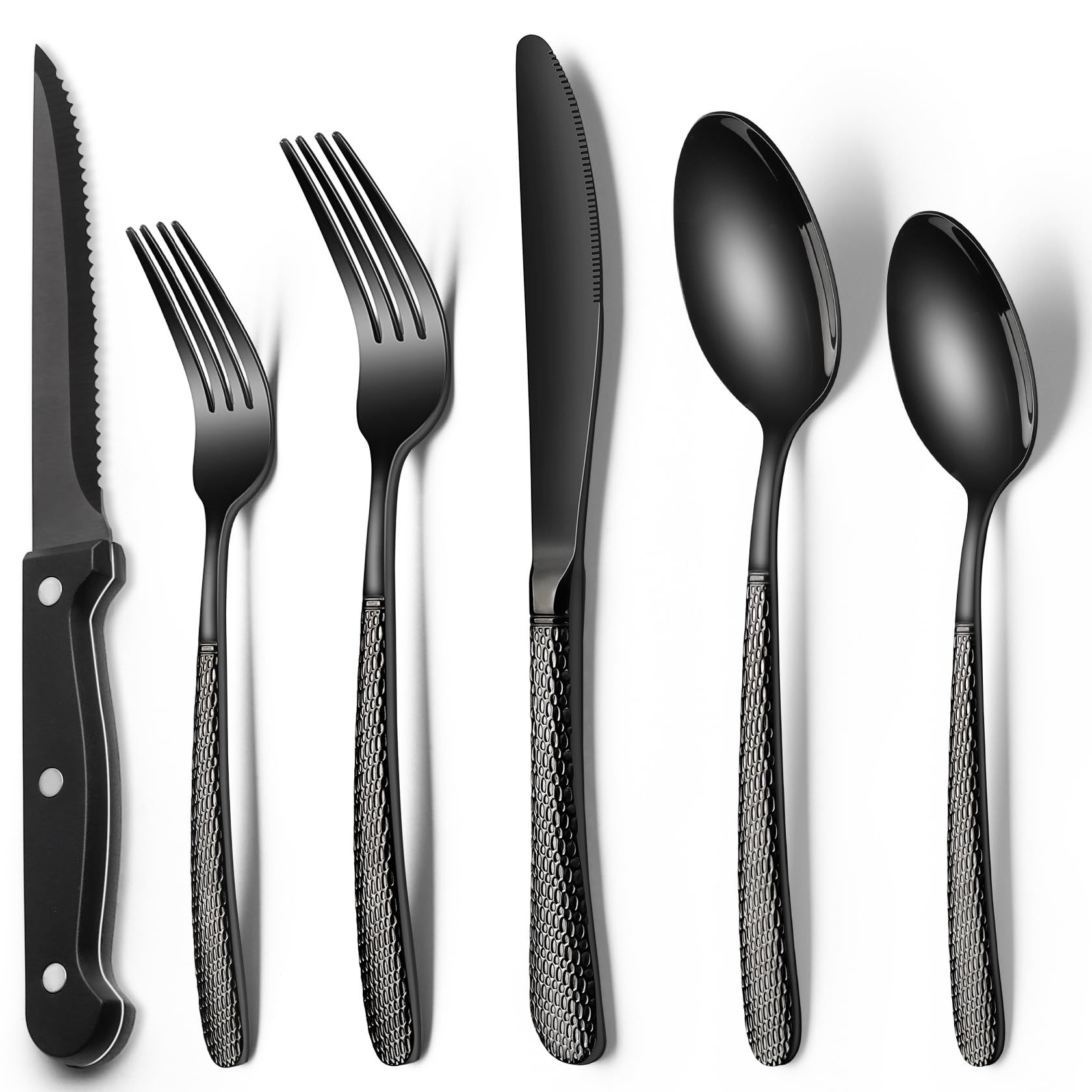 Black Hammered Silverware Set with Steak