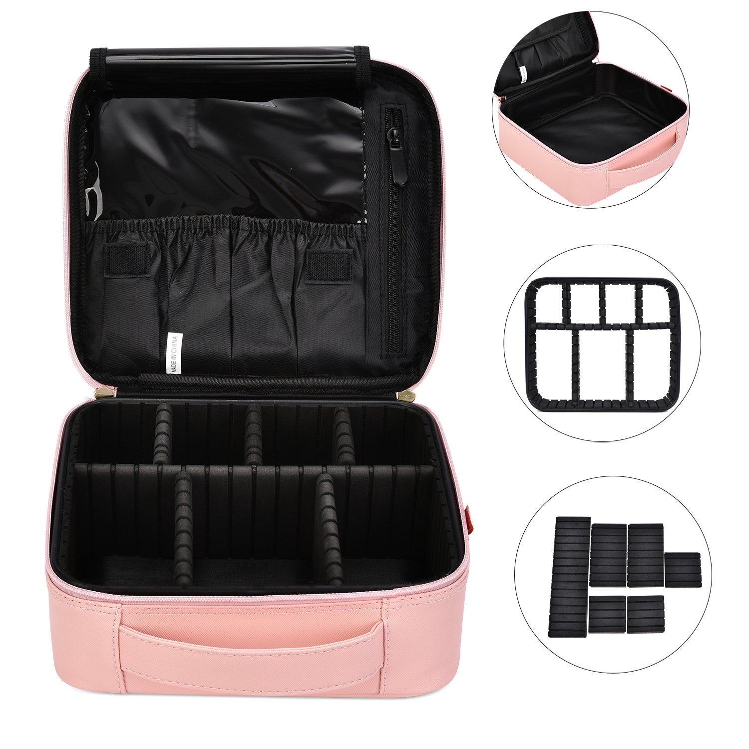 NiceEbag Makeup Bag Travel Cosmetic Bag for Women Cute Makeup Case Large Leather Cosmetic Train Case Organizer with Adjustable Dividers for Cosmetics Make Up Tools Toiletry Jewelry, Rose gold : Beauty