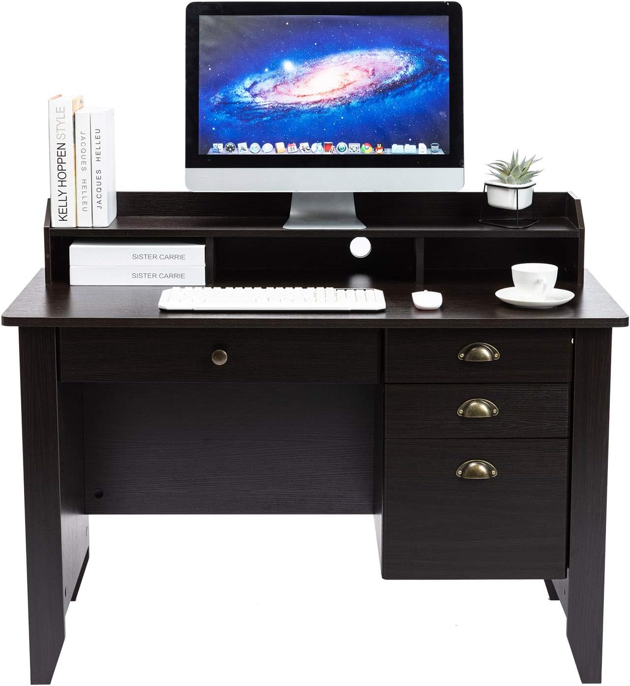 AUXSOUL Computer Desk with 4 Drawers and Hutch Shelf - Classical Home Office Desk - Spacious Student Writing Desk - Vintage Style Study Table, Workbench(Dark Chocolate)