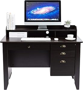 AUXSOUL Computer Desk with 4 Drawers and Hutch Shelf - Classical Home Office Desk - Spacious Student Writing Desk - Vintage Style Study Table, Workbench(Dark Chocolate)