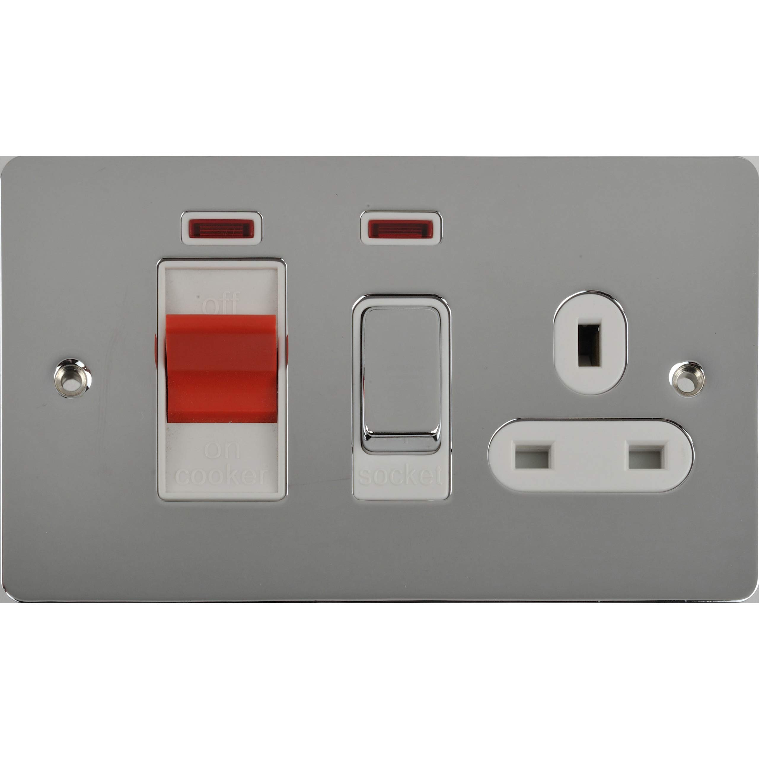 Schneider Electric Ultimate Flat Plate - Switched Cooker Control Unit with Single Power Socket, Neon Indicator, 45A, GU4201WPC, Polished Chrome with White Insert โ image 1