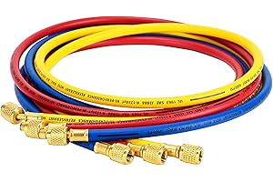 DRAKO-MYXX Upgraded 1/4" Left Handed A2L Refrigerant Hose, 72", 1/4" Female Left Flare to Female Right Flare for A2L Refrigerant, 45 Angled Fittings, HVAC Hose for R-32 and R-454B Yellow/Red/Blue(Pack of 3)