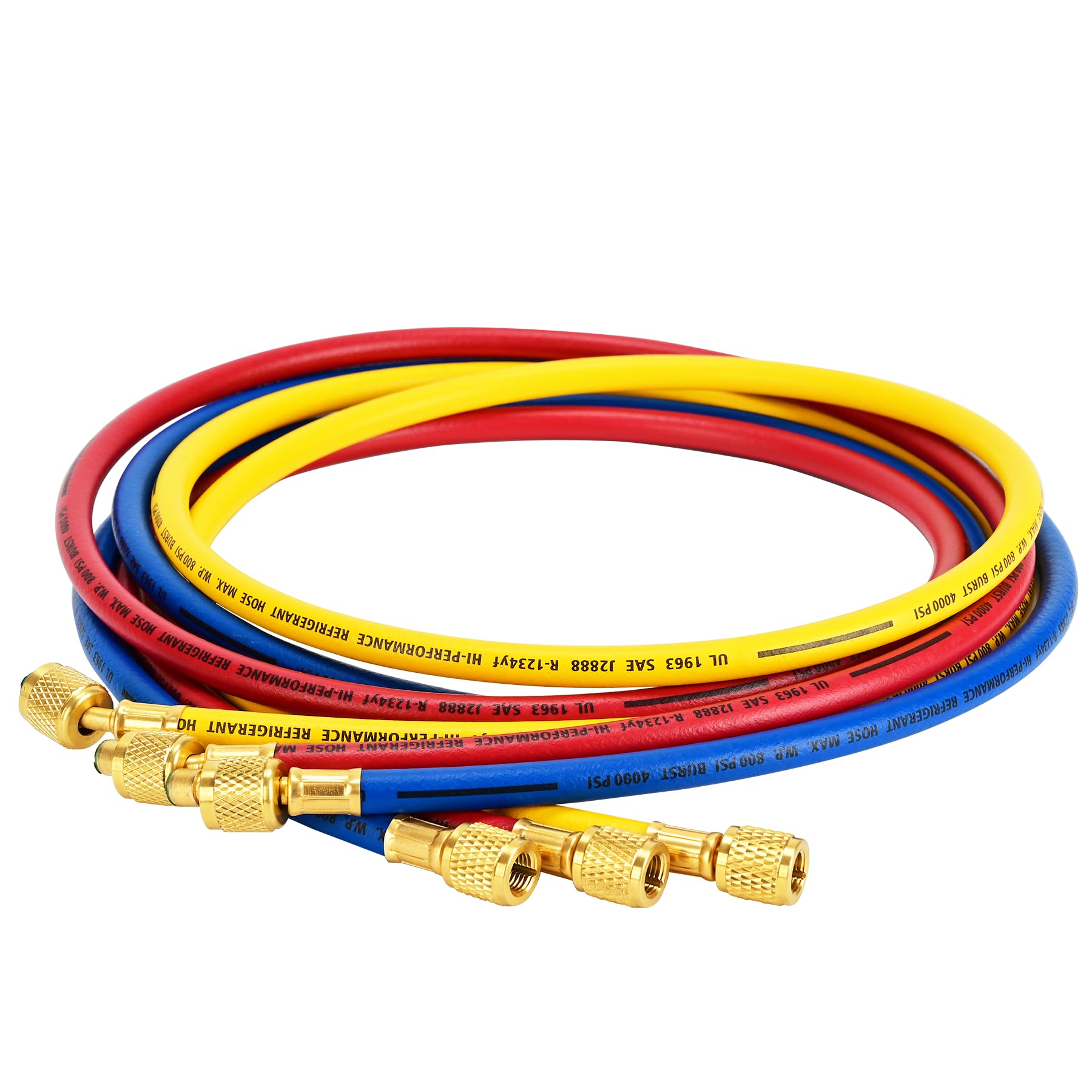 Photo 1 of Upgraded 1/4" Left Handed A2L Refrigerant Hose, 72", 1/4" Female Left Flare to Female Right Flare for A2L Refrigerant, 45 Angled Fittings, HVAC Hose for R-32 and R-454B Yellow/Red/Blue(Pack of 3)