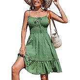 CUPSHE Women Ruffle Mini Summer Dress Scoop Neck Cami Strap Backless Smocked Waist Casual Sundress Beach Holiday Dress