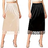 Ellames Women's 2 Pieces Lace Half Slips for Under Dresses Satin Long Underskirt Half Slip Shirt Skirt Extender