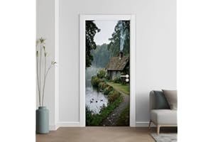 Forest Cottage 3D Door Stickers Murals Lake Nature Landscape Door Sticker Peel and Stick Duck Wallpaper Self-Adhesive Removab