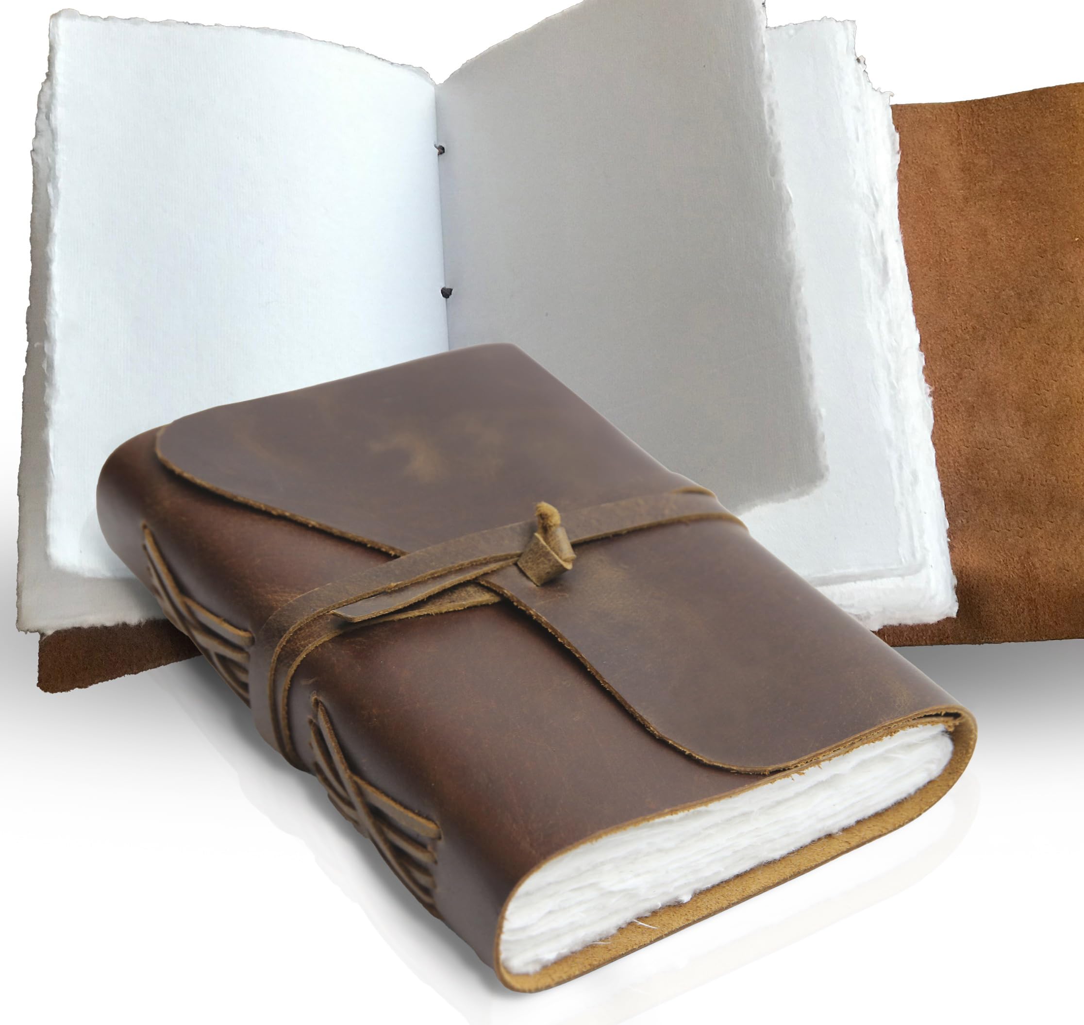 Wanderings Vintage Leather Journal 18 x 13cm - Handmade Leather Bound Notebook with Handmade Ivory Deckle Edge Paper - Perfect for Writing Watercolors Sketching as a Travel Journal or Grimoire