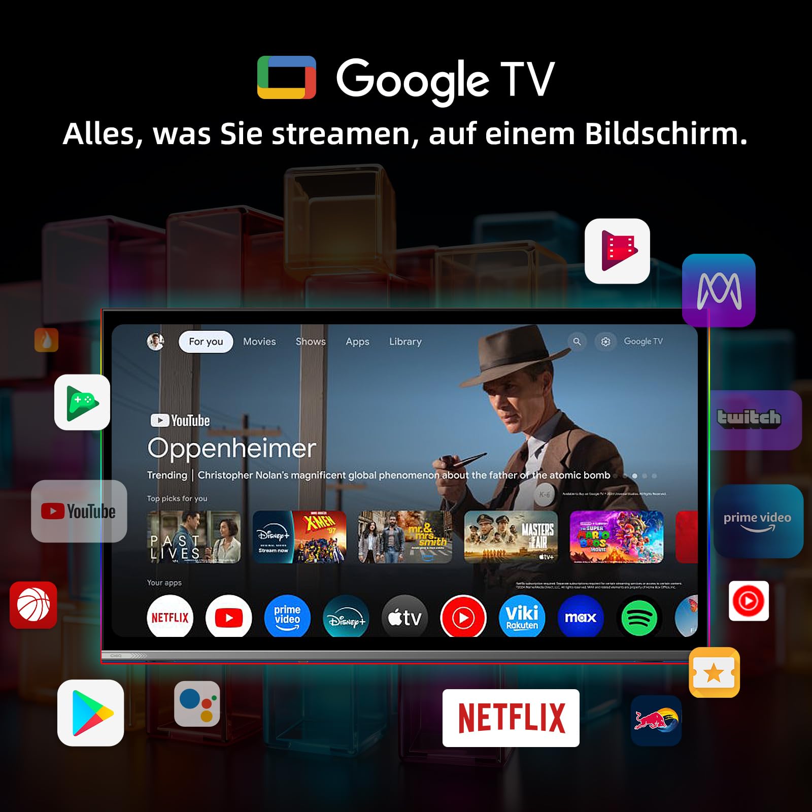 CHIQ 40QA10 40 Zoll(100 cm) Ful-HD QLED Google Smart TV mit HDR10, Dolby Audio, Airplay, Chromecast, Integrierter Triple Tuner (DVB-C/T/T2/S/S2), Prime Video, Integrierter Google Assistant 9
