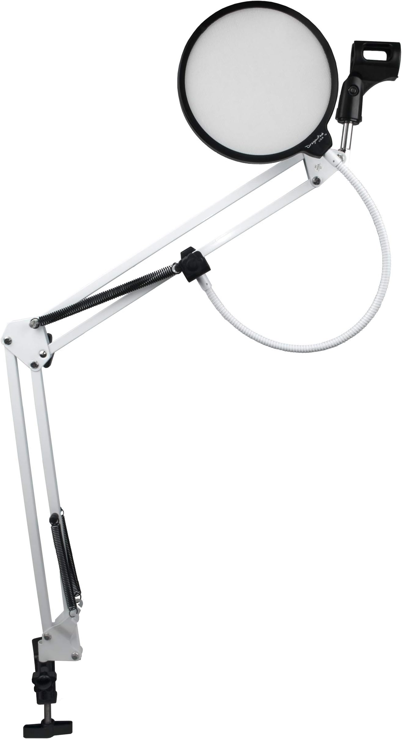 Dragonpad USA Microphone Scissor Boom Arm with Desk Mount and Studio Pop Filter - White Frame, Black/White Filter