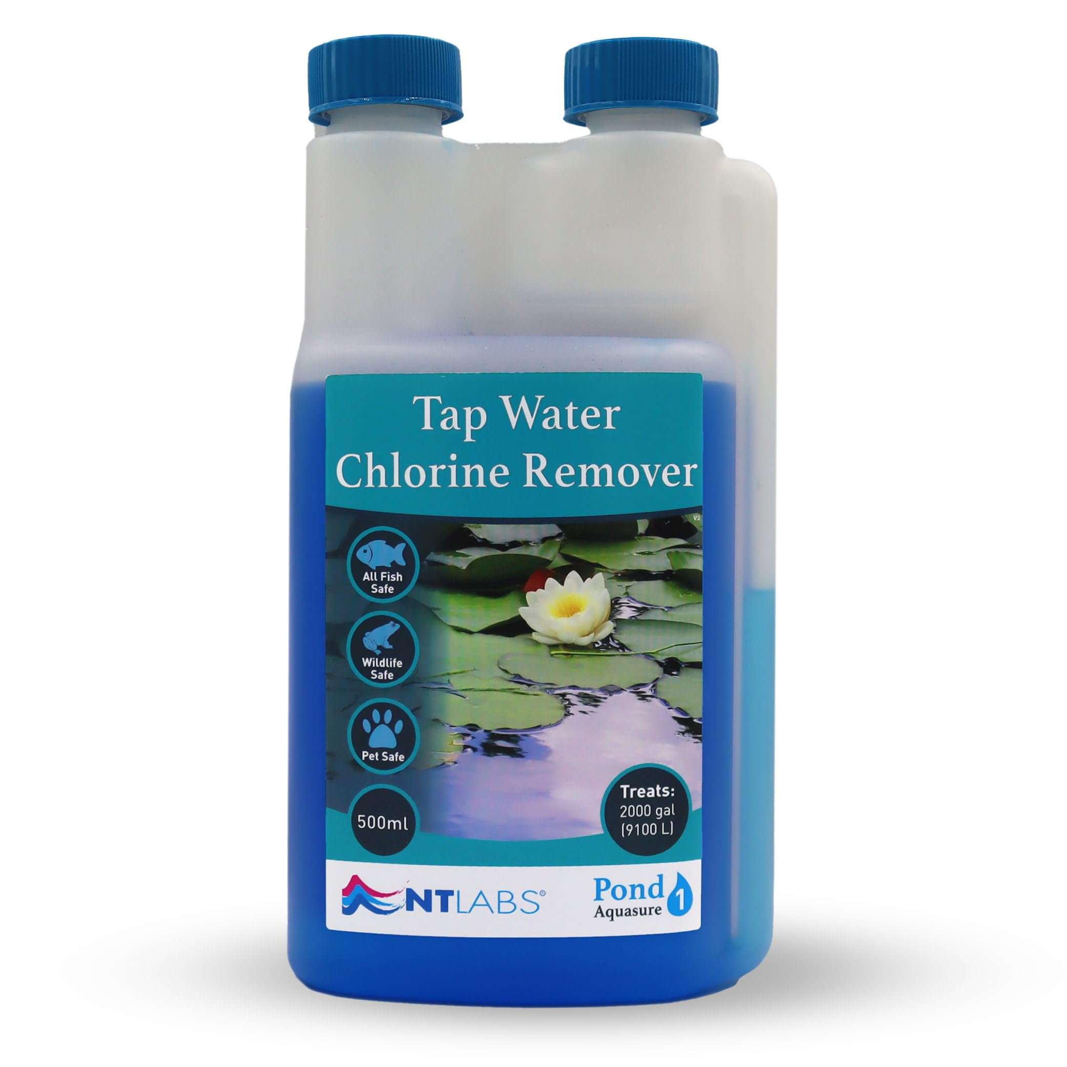 NT Labs Pond Aquasure, Pond Water Dechlorinator, Tap Water Chlorine Remover, Removes Chlorine, Chloramine, Other Halogens and Heavy Metals Making Pond Water Safe for Fish (500ml - Treats 9100L)