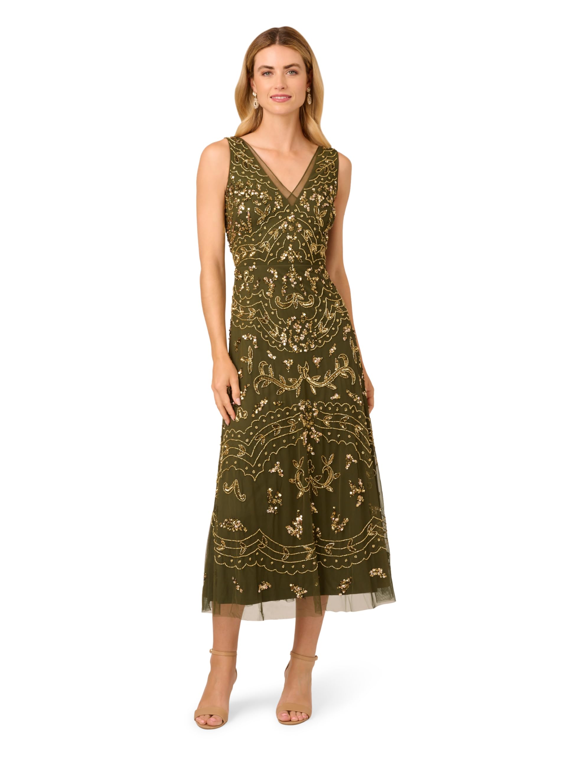 Adrianna Papell Women’s Beaded Ankle Length Dress | Sleeveless Formal Beaded Dress with Soft Pleated Skirt & Sheer Trim, Olive 12