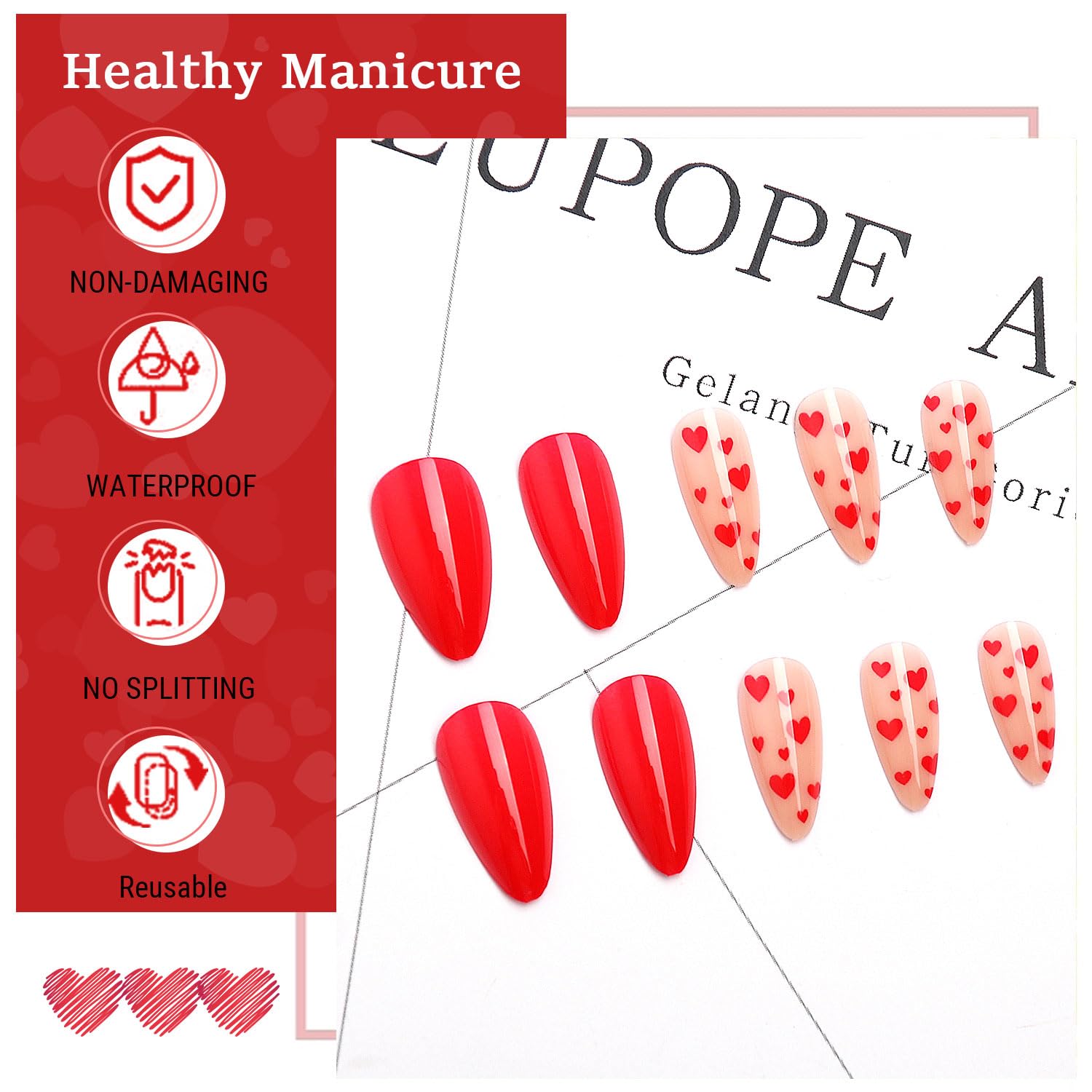 Valentine's Day Press On Nails Almond Medium, 24Pcs Valentine's Day Fake Nails Red Heart Full Cover Glossy Stick On Nails Valentines Day Nail Accessories for Women Girls (Red Heart Almond) - Image 9