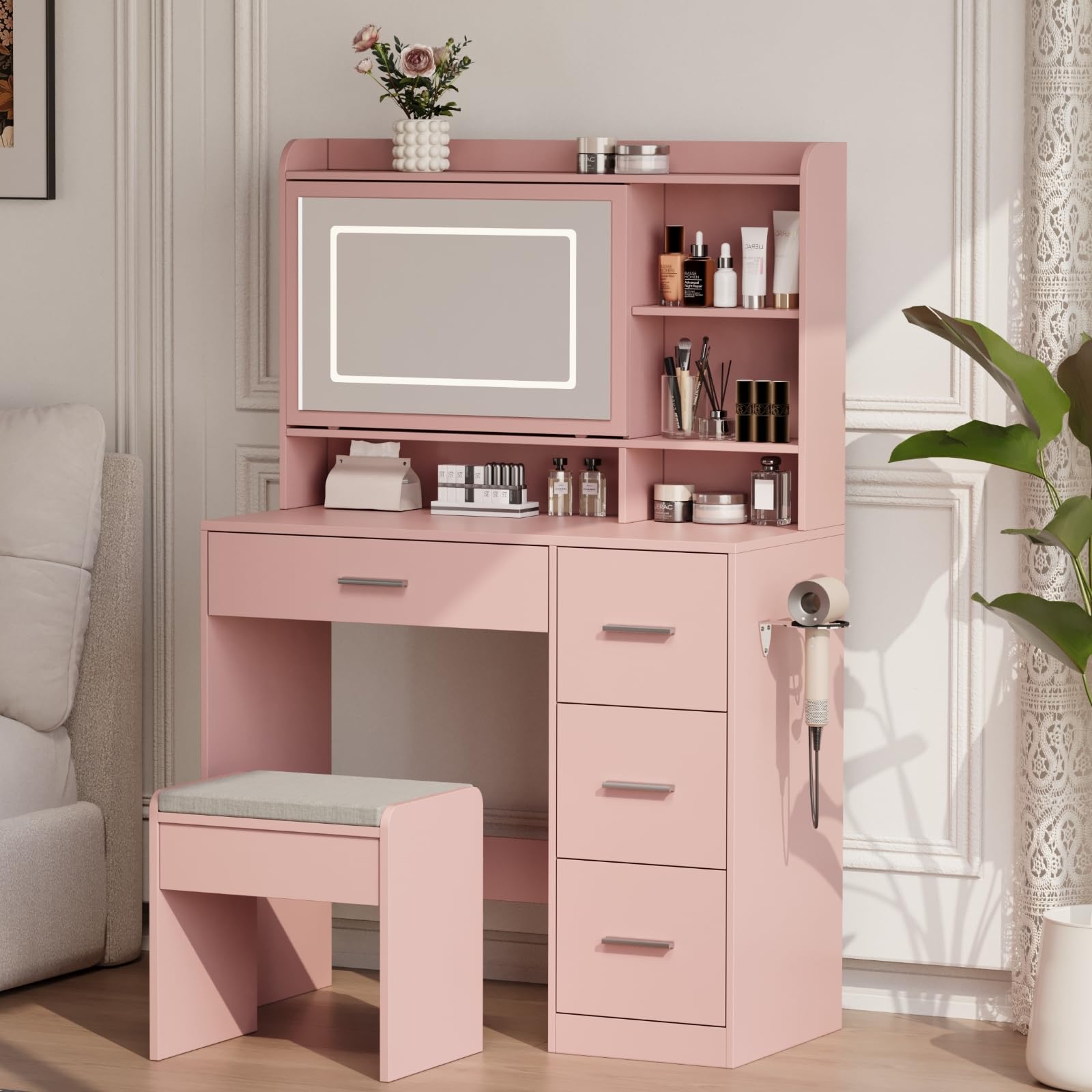 Photo 1 of ***Partial Set, Missing pieces ***
Viaozutis Vanity Desk with a Mirror and Lights?with Chair and Four Drawers, Three Adjustable Lighting Modes?with Power Outlet and Sliding LED Mirror,Bedroom Vanity Desk (Pink)