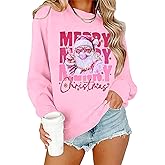 UYIQL Christmas Sweatshirt for Women Vintage Santa Sweatshirt Long Sleeve Merry Christmas Pullover Tops