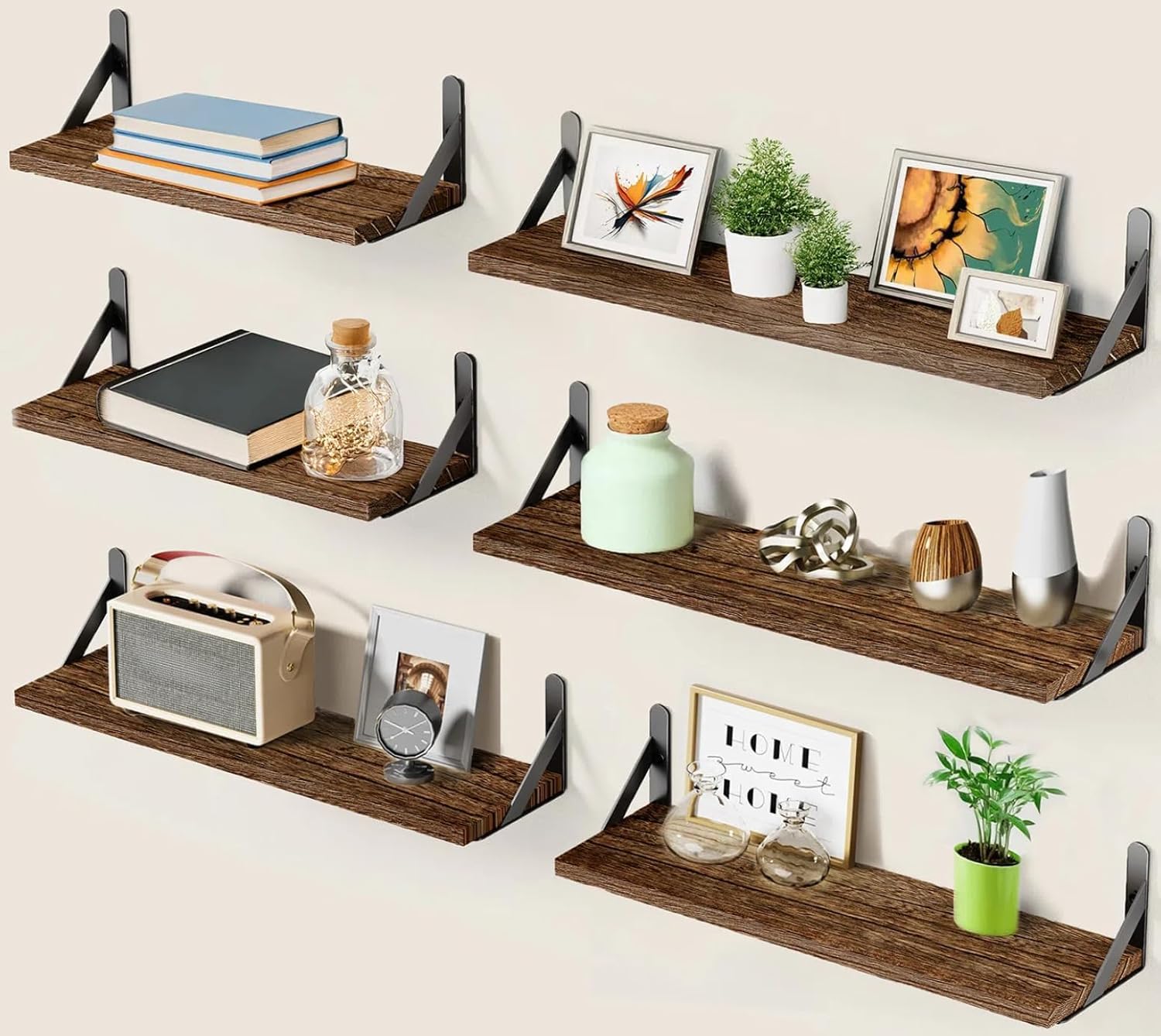 AMADA HOMEFURNISHING Long Wall Shelves, Rustic Farmhouse Style, Wood Floating Shelves for Wall Decor, Bathroom & Bedroom Storage, Living Room Book Shelves, Brown - 6pcs Image