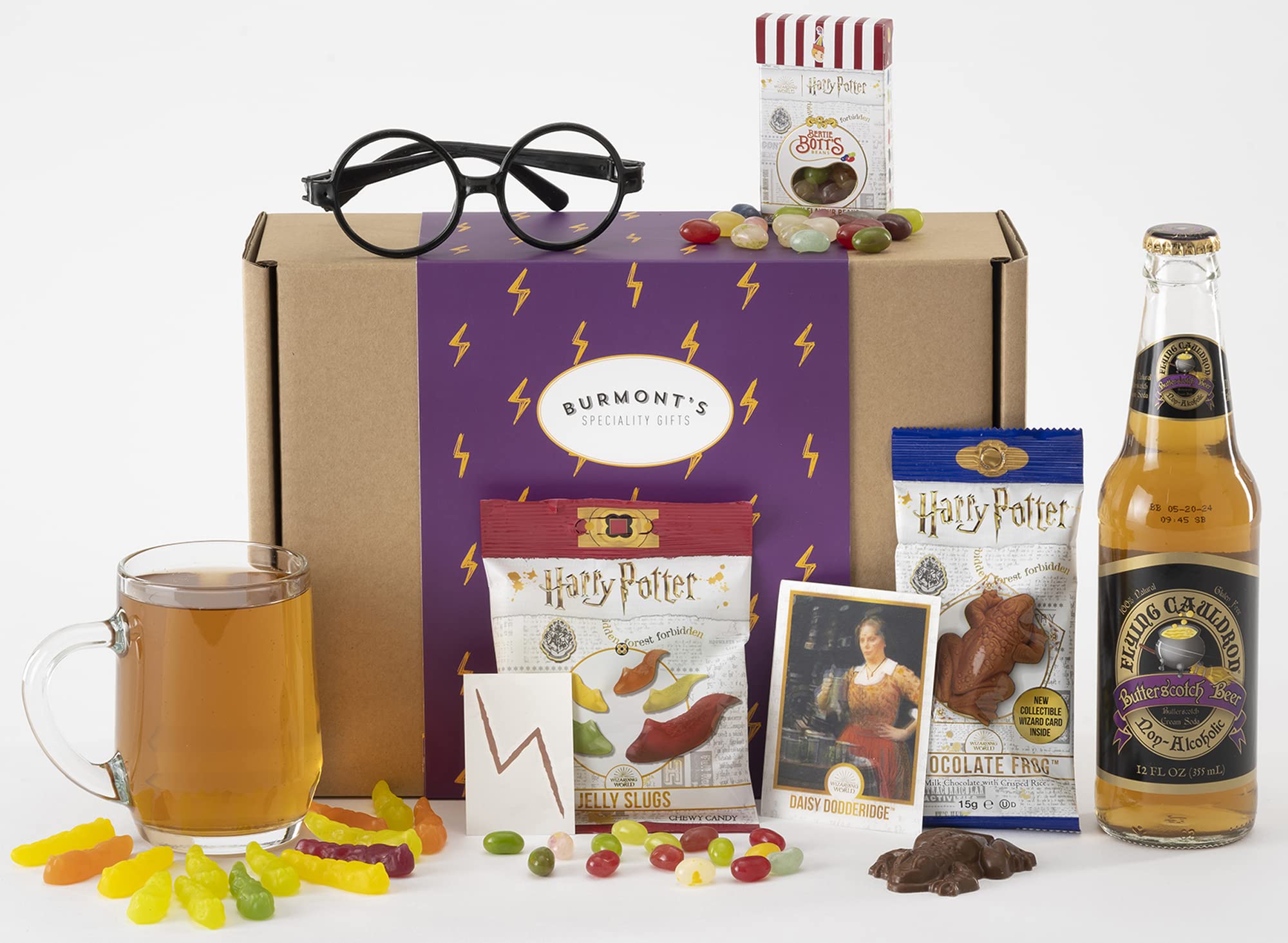 The Ultimate Wizards Treat Hamper Including Non-Alcoholic Butterscotch Beer, Chocolate Frog, Bertie Bott's Beans, Jelly Slugs, Wizard Glasses & Temp Tattoo - Hamper Exclusive To Burmont's