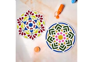 Satvik 2 Pc Different Design Portable MDF Rangoli 12 Inch Wooden Base Rangoli Stencil Rangoli Pallet for Floor Home Diwali Decoration, Pooja Decor DIY Reusable MDF Rangoli Mat with Wooden Base