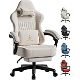 GTPLAYER Big & Tall Gaming Chair with Footrest – Extra Wide Ergonomic Reclining Chair for Adults, High-Back Silla Game with Spring Cushion & Linkage Armrest, Ivory