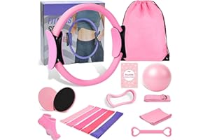 Better Me Pilates kit contents laid out showing ring, ball, bands, and discs.