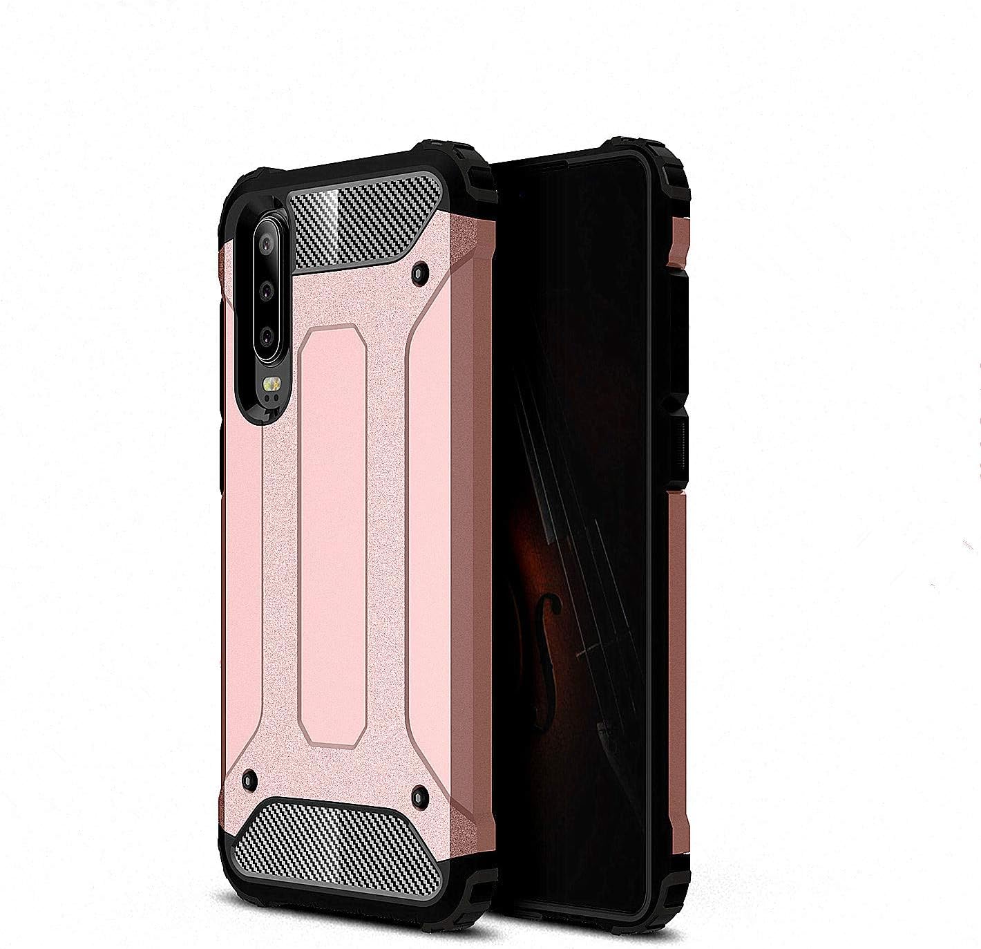 P30 P30pro Phone Case Carbon Fiber+Rubber Double-Layer Buffer Shockproof Damping Airbag Reinforced Corner Protective Cover for Huawei (Rose Gold, P30)