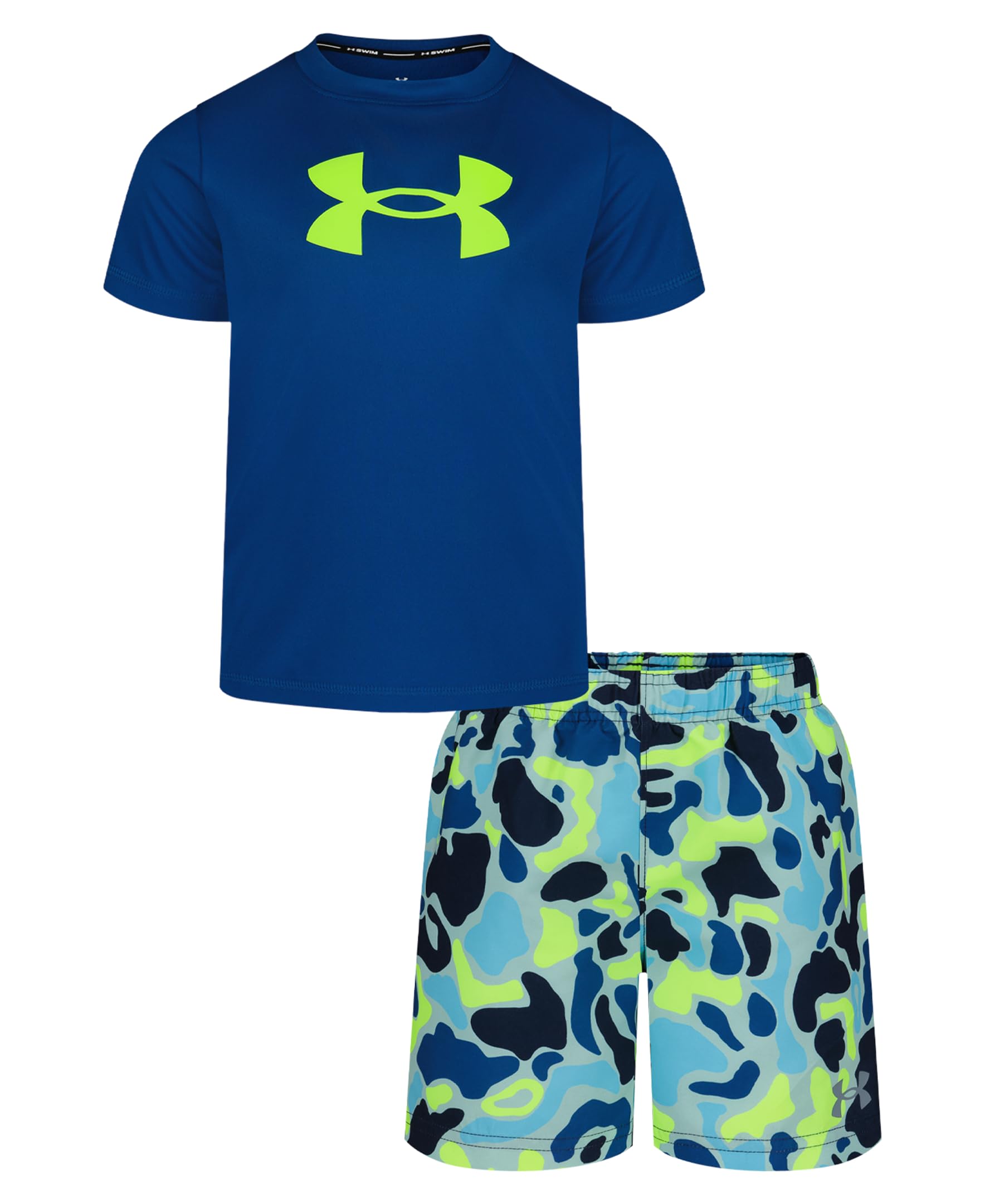 Under Armour Boys' 2-Piece Rashguard Swim Set, Short Sleeve Surf Shirt and Volley Trunks, UPF 50+ Sun Protection, Blue Frogskin, 2T Image