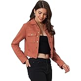 Allegra K Women's Faux Suede Jacket Button Down Collar Pockets Crop Moto Biker Coat