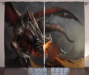 Ambesonne Medieval Curtains, Fantasy Scene Fearless Knight with Dragon Art Antique Fantasy, Living Room Bedroom Window Drapes 2 Panel Set, 108" X 84", Dimgray Charcoal