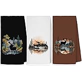 MKIJUHB Forest Mountain Moose Deer Kitchen Dish Towels, Gifts for Wildlife Deer Moose Lovers, Rustic Farmhouse Cabin Nature Wildflife Animal Decorative Hand Towels for Bathroom, 16x24 Inch Set of 3