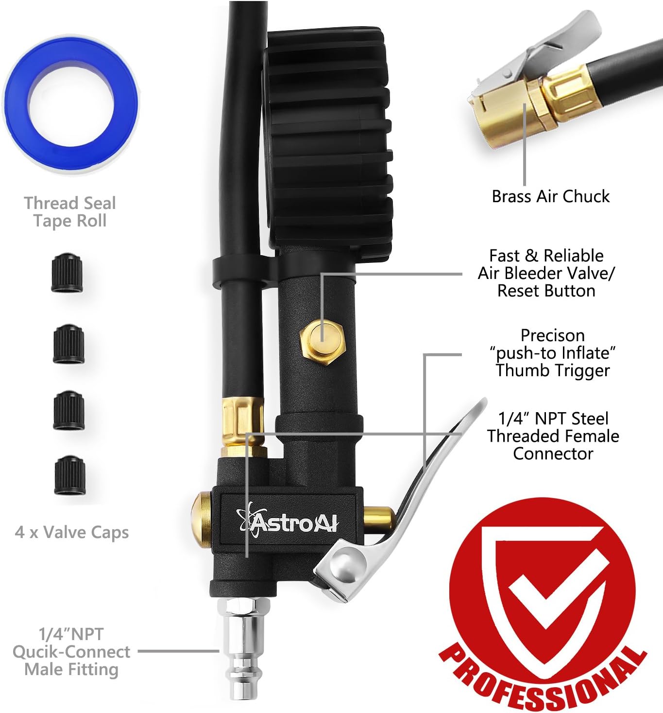 AstroAI Upgraded 100 PSI Tire Inflator with Pressure Gauge, Heavy Duty with Large 2" Easy Read Glow Dial, Air Chuck, Quick Connect Coupler and Rubber Hose Compressor Accessories: Automotive