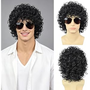 Guree Hair Mens Black Curly Wig + Glasses + Wig Cap 70s 80s Rocker Star Punk Synthetic Funny Wigs for Costume Party Cosplay H