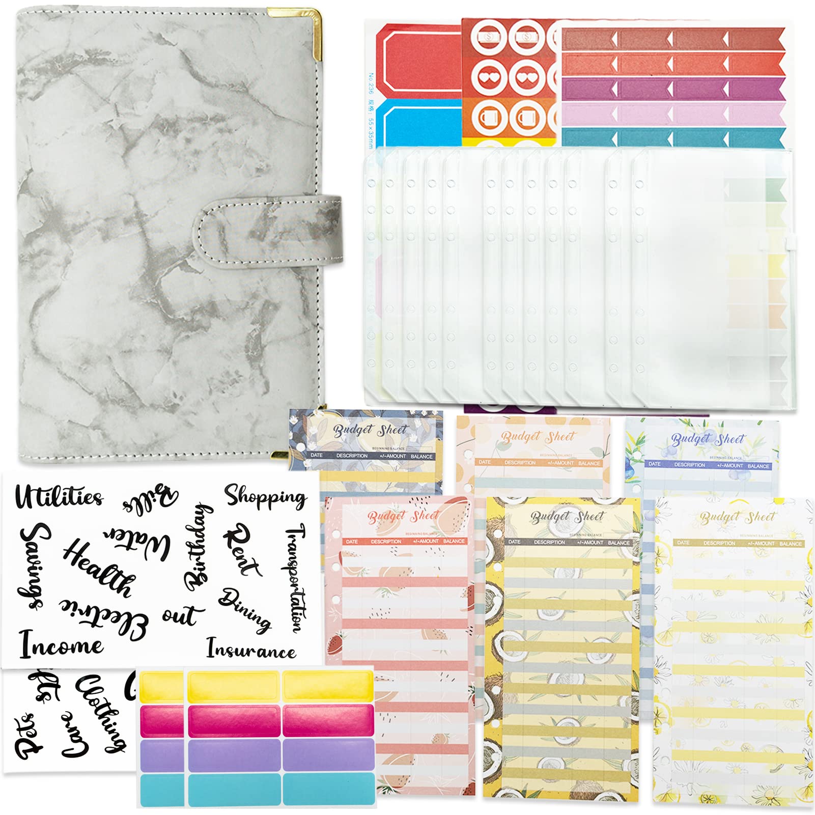 33Pcs Budget Binder Set,Budget Binder Money Saving Wallet, PU Leather Ring Binder Notebook with Clear Envelopes, Budget Sheets, Ruler, Label Stickers and Letter Sticker Labels