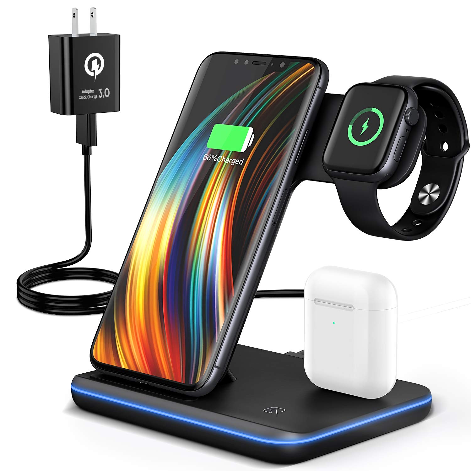 Wireless Charging Station, 2020 Upgraded Saferell 3 in 1 Wireless Charger Stand with Breathing Indicator Compatible with iPhone 11 Pro/XS/XR/8, Samsung, Watch 6/SE/5/4/3 & AirPods