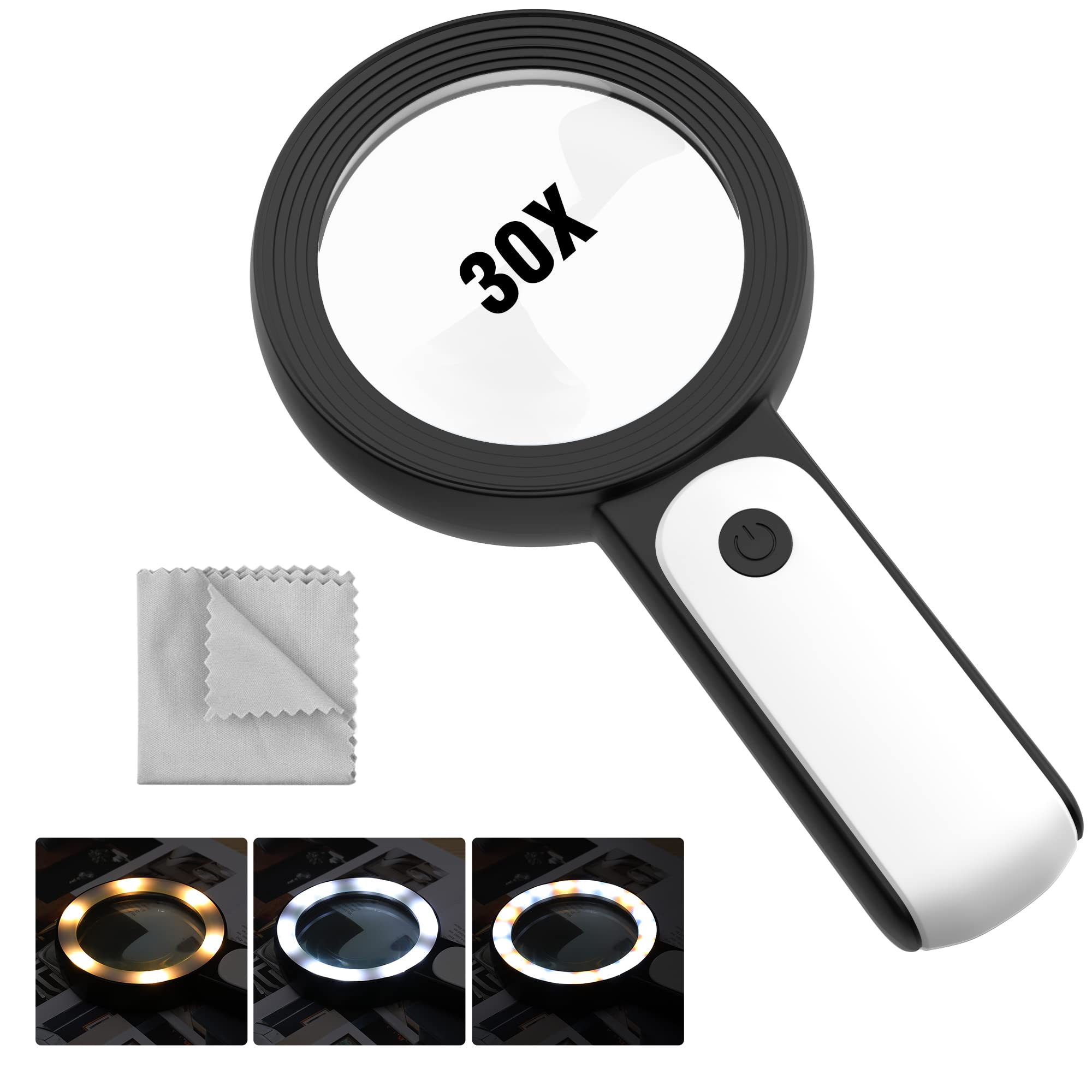 MoKo Magnifying Glass with Light, 30X Large Magnify Glass 18 LED Handheld Magnifier with 3 Modes, Illuminated Lighted Magnifying Glass for Reading Books, Magazines, Newspapers, Black