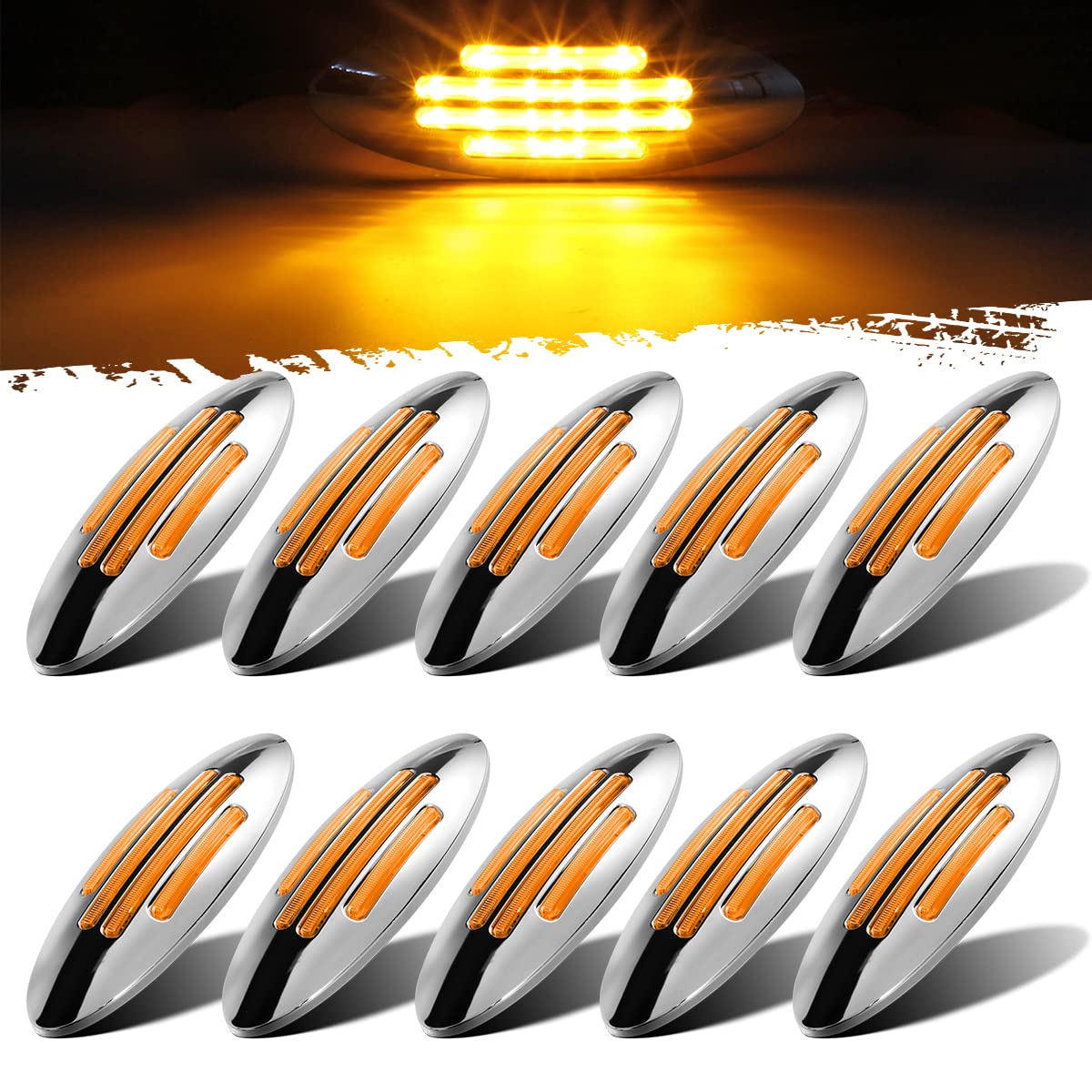 Photo 1 of Partsam 10Pcs 6-3/5 Inch Flatline Oval Amber 18LED Side Marker Clearance Light, Truck Front Fender Panel Lights Replacement for Peterbilt Kenworth Freightliner, 12V