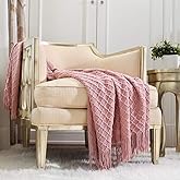 CREVENT Light Blush Pink Knit Throw Blanket for Couch Sofa Chair - Soft and Decorative for Spring Summer (50''X60'' Dusty Pink/Pale Pink)