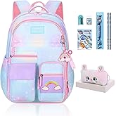 QJHEC Kawaii Rainbow Backpack for Girls – Cute Starry School Bags for Kids & Teens with Plush Pen Case & 6-Piece Study Supplies Set, Children's Bookbag for Elementary – Blue 17inch