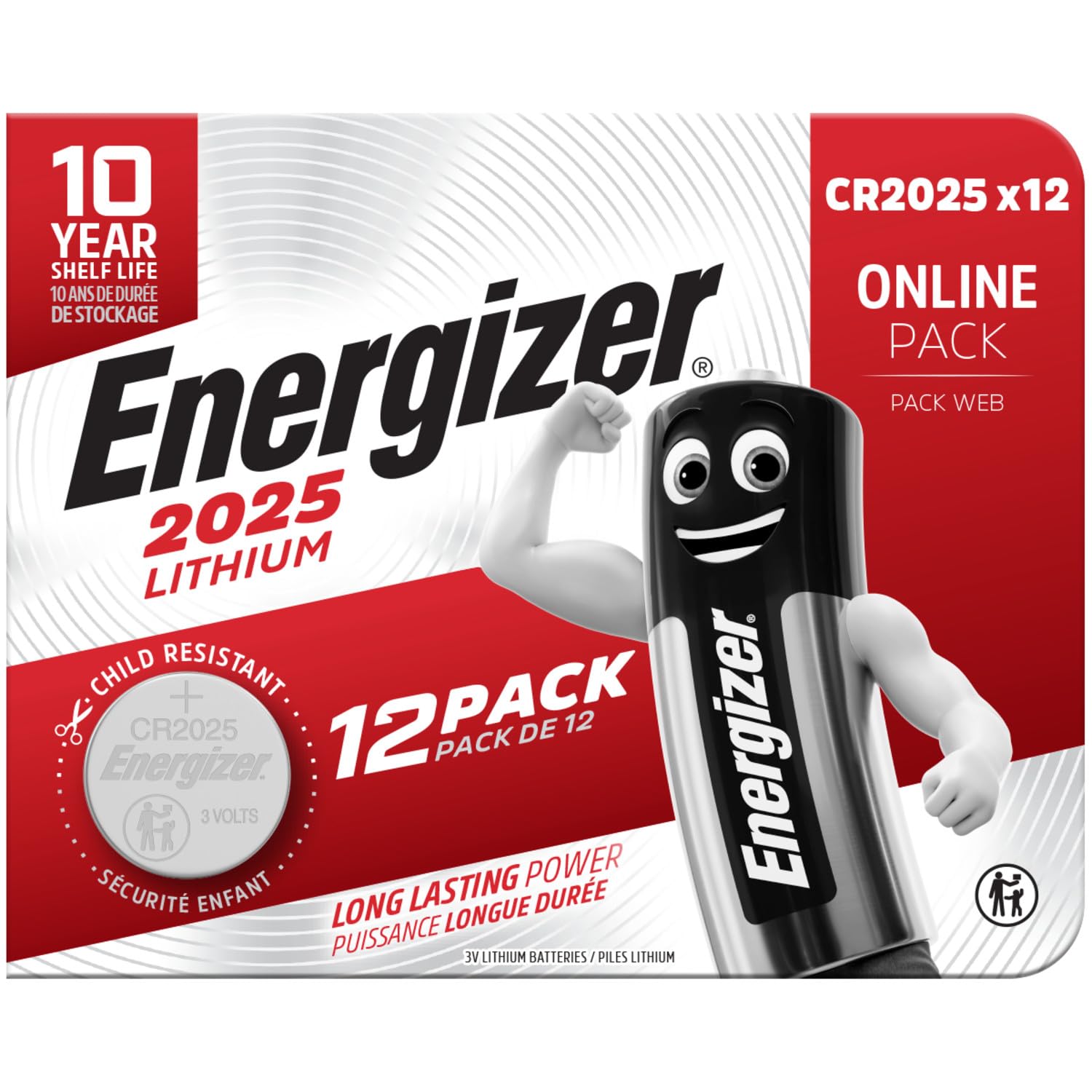 Energizer CR2025 Batteries (12 Pack) - Lithium 3V Coin Battery - Car Key Fobs, Watches, Home/Medical/Fitness Devices - 10 Year Shelf Life - Child Resistant Packaging [Amazon Exclusive]