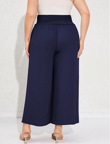 SHOPWONDER PLUS SIZE CASUAL PANTS FOR WOMEN ELASTIC HIGH WAIST TROUSERS WIDE LEG COMFY LOUNGE BOHO SUMMER PANTS WITH POCKETS NAVY BLUE XL