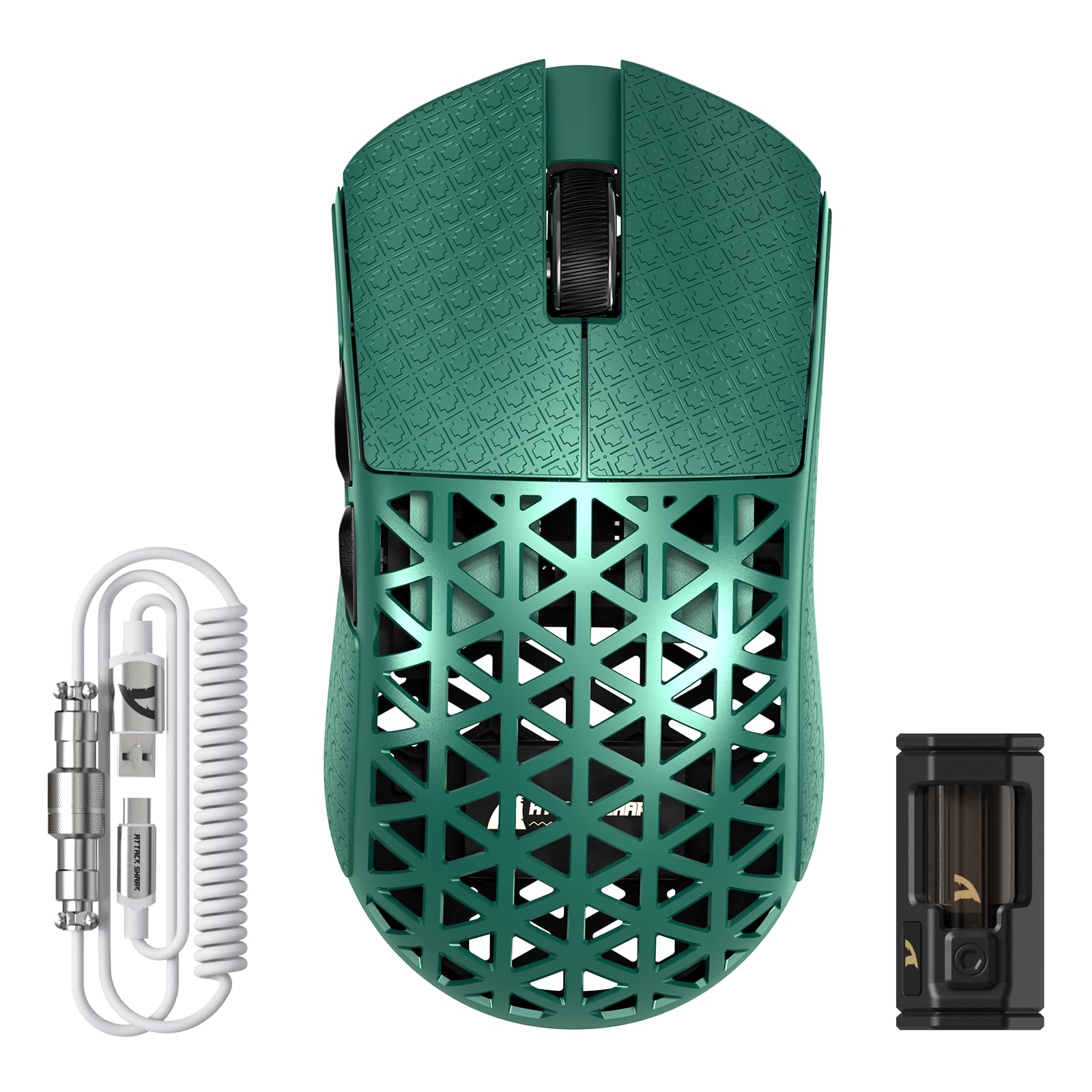 Photo 1 of ATTACK SHARK R5 Ultra Wireless Gaming Mouse,Carbon Fiber Shell 39g Superlight,PAW3950MAX Nordic 52840 MCU 8K Polling 42K DPI Optical Sensor,BT/2.4G/USB-C Wired Mice with Coiled Cable-Green&Griptape