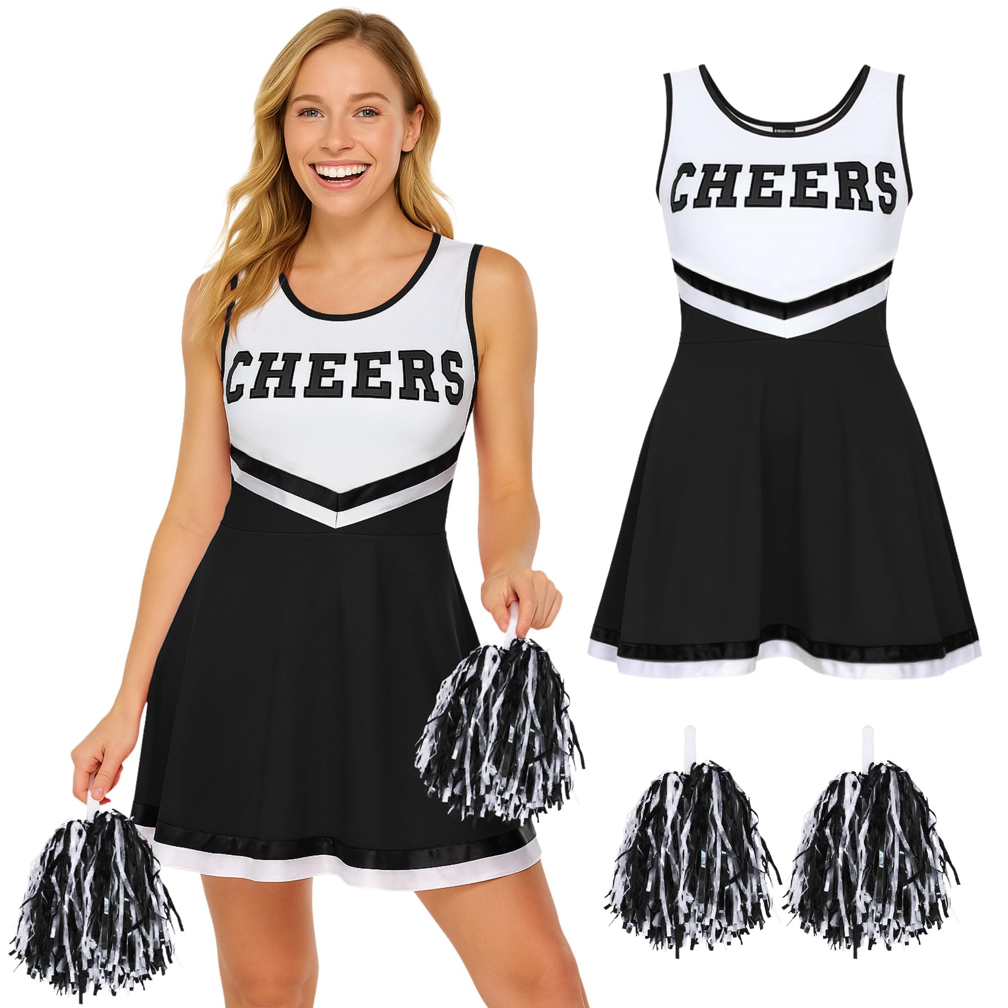 Redstar Fancy Dress Adult Pompom Girl Costume Cheerleader Costume with Dress and Assorted Pom-poms, Women's Halloween Cosplay Carnival