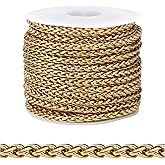 [16.5FT] 18K Gold PVD Plated Wheat Chains for Jewelry Making, 4mm 304 Stainless Steel Wheat Link Chain Roll Bulk for DIY Jewelry Making Craft