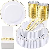 LIYH 350 Pcs White and Gold Plastic Plates - Elegant Disposable Gold Plastic Dinnerware Set Include Dinner & Dessert Plates Cups Napkins for Birthday Party Wedding