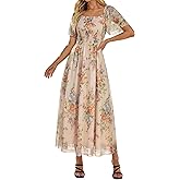 Simplee Womens Floral Maxi Dresses 2026 Spring Square Neck Mesh Short Sleeve Smocked Boho Flowy Wedding Guest Dress
