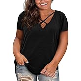 Haloumoning Plus Size Tops for Women Summer Short Sleeve Oversized T-Shirt Casual Sexy V Neck Loose Cotton Tee Shirts