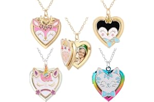PinkSheep Heart Locket Necklace Picture Necklace for Girl Women Boy Kids Photo Secret Inside Storage Vintage Necklace Unicorn Deer Cat Pendant Kids Gifts Jewelry Young Girls Women