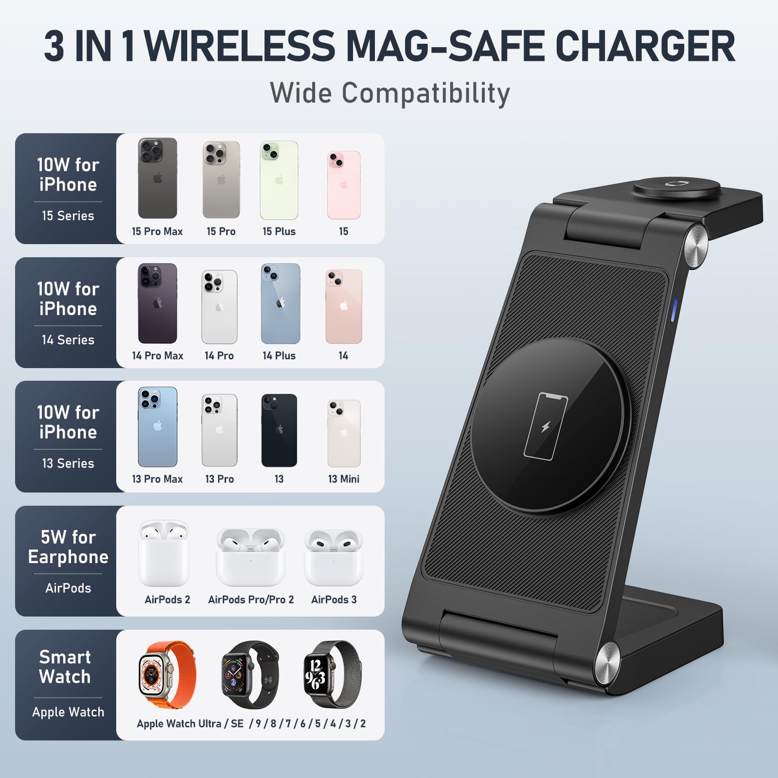 Magnetic Wireless Charger Stand, 3 in 1 Foldable Wireless Charging Station, Travel Charger for Multiple Devices for iPhone 16 15 14 13 12 Series, Apple Watch Ultra/9/8/7/6/5/4/3/2, AirPods